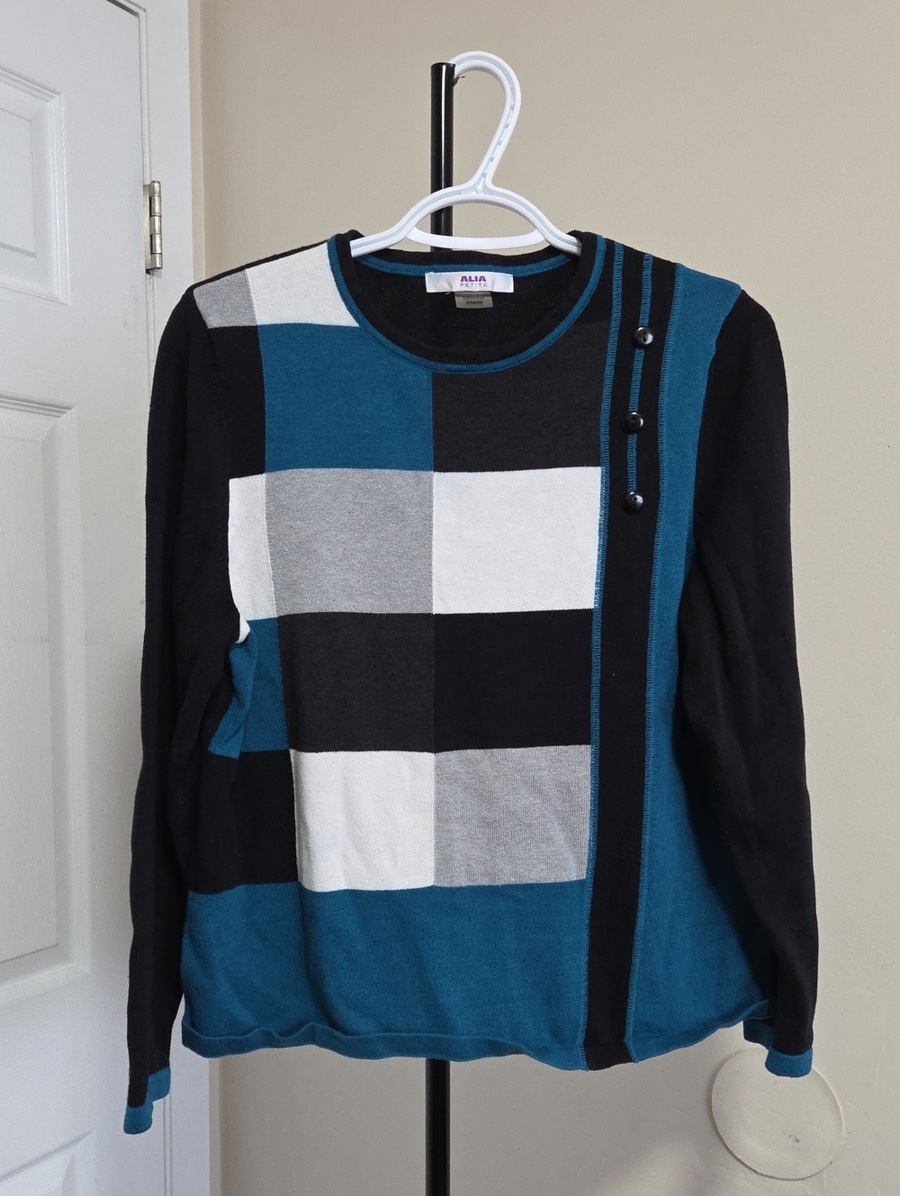 Alia Teal, Black, Gray & White Geometric Block Crewneck Sweater - Men